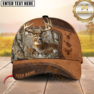 Maxcorners Deer Hunting Rustic Leather Camo Multi Options Personalized Name 3D Cap (6 Colors)