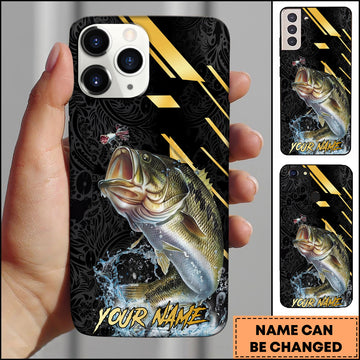 Maxcorners Bass Fishing Luxury Black Gold Lightning Splash Personalized Name Phone Case