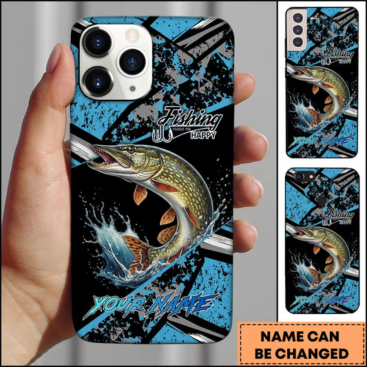 Maxcorners Pike Fishing Blue Grunge Paint Splash Dynamic Art Personalized Name Phone Case