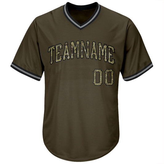 Maxcorners Custom Olive Camo-Black Authentic Throwback Rib-Knit Salute To Service Baseball Jersey Shirt LM2605