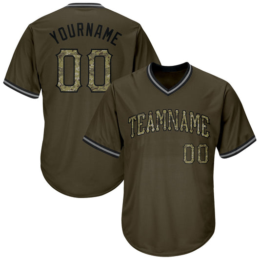 Maxcorners Custom Olive Camo-Black Authentic Throwback Rib-Knit Salute To Service Baseball Jersey Shirt LM2605
