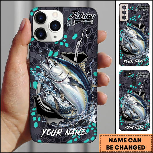 Maxcorners Tuna Fishing Hexagon Tech Pattern Hook Icon Water Splash Personalized Name Phone Case