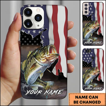 Maxcorners Fishing American Flag Patriotic Splash Personalized Name Phone Case (10 Fish Species)