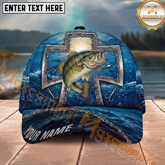 Maxcorners Fishing Texas Cross Christian Fishing Multi Options Personalized Name 3D Classic Cap (11 Fish Species)