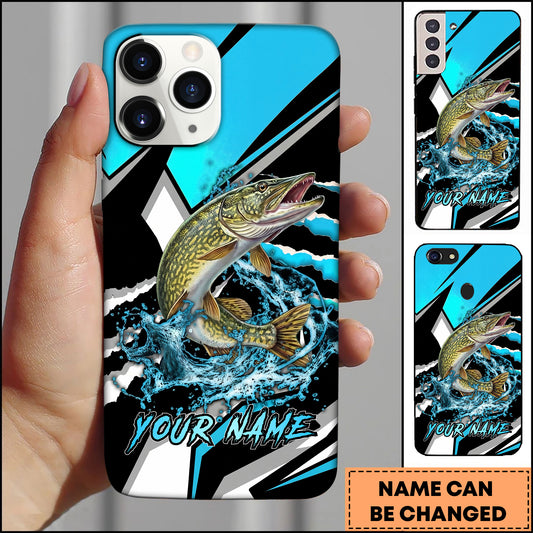 Maxcorners Pike Fishing Blue Black Geometric Lightning Splash Personalized Name Phone Case