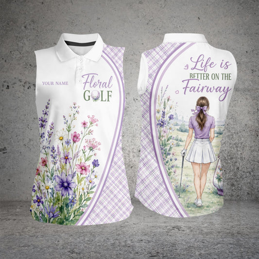 Maxcorners Lilac Plaid Golfer Girl Wildflower Personalized Name 3D Golf Shirt and Skirt