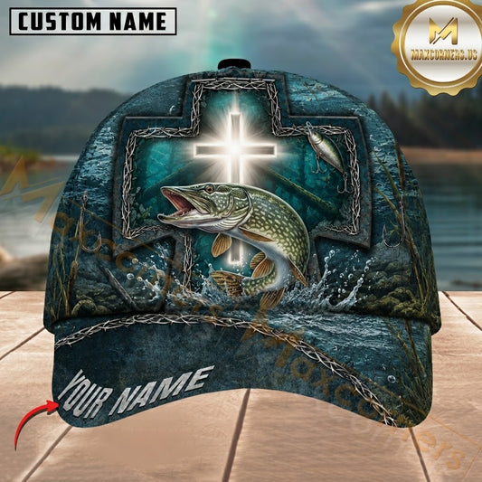 Maxcorners Fishing Glowing Cross Barbed Wire Teal Water Customized Name 3D Cap