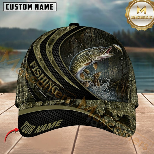 Maxcorners Fishing Black Olive Woodland Wave Customized Name 3D Cap