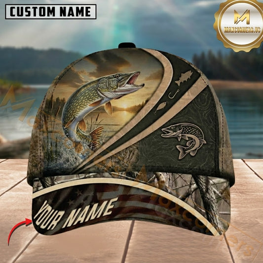 Maxcorners Fishing Rustic Camo Sunset American Flag Customized Name 3D Cap