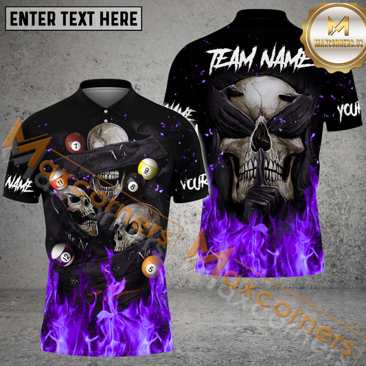 Maxcorners Flaming Blinding Skull Billiard Jersey Multicolor Options Personalized Name, Team Name 3D Polo Shirt (4 Colors)