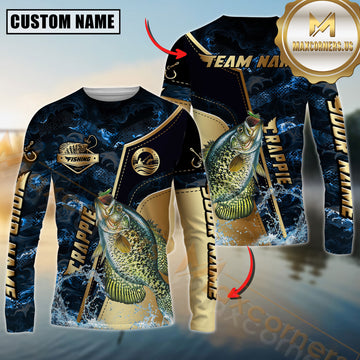 Maxcorners Crappie Fishing Ocean Wave Gold Luxury Pattern Personalized Name, Team Name Long Sleeve Shirt