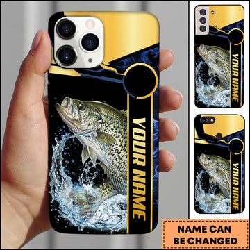 Maxcorners Crappie Fishing Black Gold Tech Frame Water Splash Personalized Name Phone Case