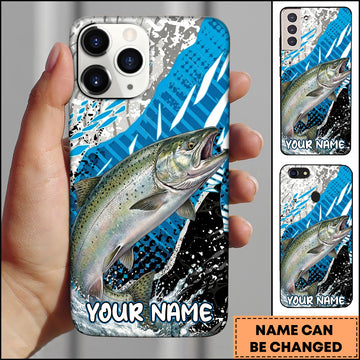 Maxcorners Fishing Jumping Chinook Blue Geometric Splash Art Personalized Name Phone Case