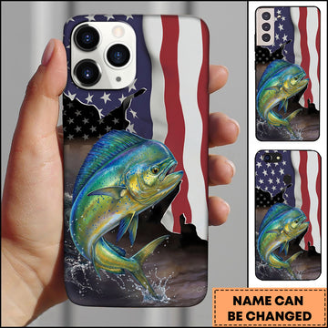 Maxcorners Mahi-Mahi Fishing American Flag Patriotic Splash Personalized Name Phone Case
