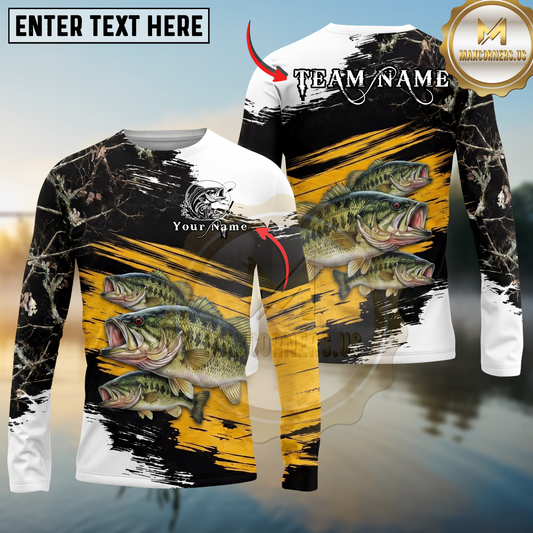 Maxcorners  Fishing Rustic Camouflage Personalized Name, Team Name Long Sleeve Shirt (9 Fish Species)