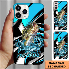 Maxcorners Bass Fishing Blue Black Geometric Lightning Splash Personalized Name Phone Case