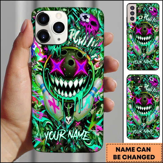 Maxcorners Bowling Phonecase Neon Cyan Graffiti Bowling Skull Personalized Name 3D Phone Case