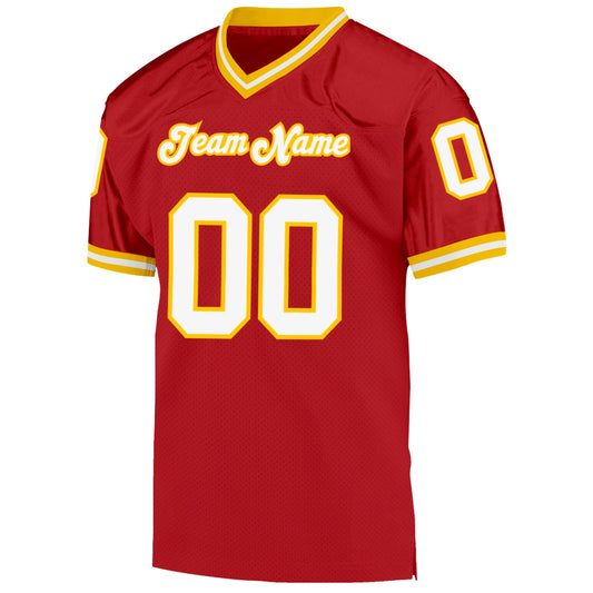 Maxcorners Custom Red White-Gold Mesh Authentic Throwback Football Jersey LM2605
