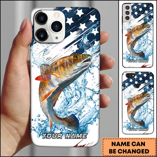 Maxcorners Redfish Fishing Jumping Redfish American Flag Splash Art Personalized Name Phone Case