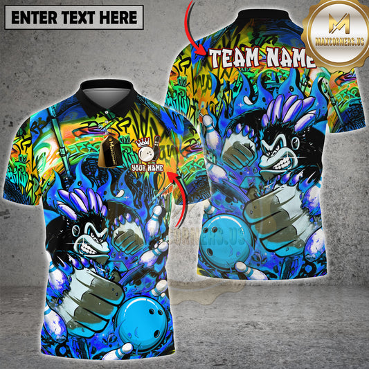 Maxcorners Bowling Team Shirt Graffiti Flame Monkey Mascot Flaming Bowling Ball Graphic Multicolor Options Personalized Name, Team Name 3D Shirt (4 Colors)