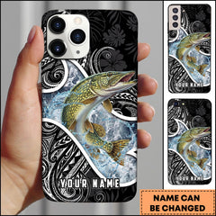 Maxcorners Pike Fishing Tribal Pattern Black White Water Splash Personalized Name Phone Case