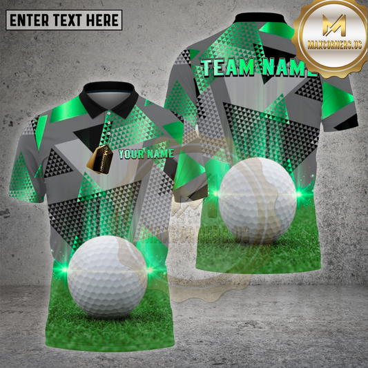 Maxcorners Golf Shirt – Modern Triangle Gold Gray Pattern with Realistic Golf Ball 3D Print – Custom Personalized Name, Team Name Polo