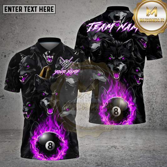 Maxcorners Billiards Shirt Dark Wolf Pack Flame 8 Ball Multioptions Personalized Name, Team Name Unisex 3D Shirt