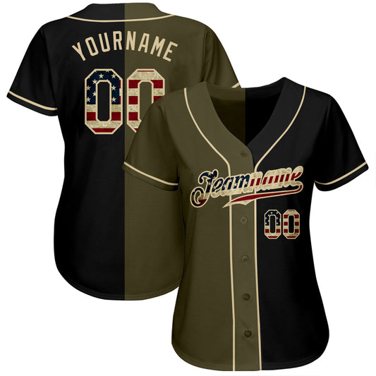 Maxcorners Custom Black Vintage USA Flag-Olive Premium Two Tone Baseball Jersey LM0210