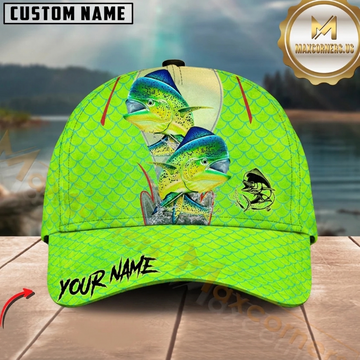 Maxcorners MahiMahi Fishing Neon Green Fish Pattern Customized Name 3D Cap