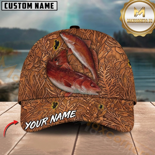 Maxcorners RedFish Snapper Rustic Brown Engraved Ocean Pattern Customized Name 3D Cap