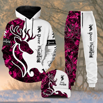 Maxcorners Hunting White Magenta Camo Deer Graphic Pattern Personalized 3D Combo Hoodie, Sweatpants Set & Cap