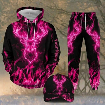 Maxcorners Hunting Neon Pink Flame Deer Pattern Personalized 3D Combo Hoodie, Sweatpants Set & Cap