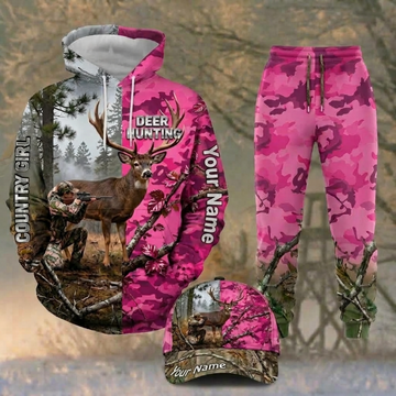 Maxcorners Hunting Pink Camo Deer Hunter Forest Pattern Personalized 3D Combo Hoodie, Sweatpants Set & Cap