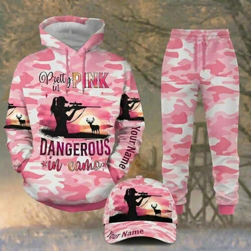 Maxcorners Hunting Pink White Camo Female Hunter Pattern Personalized 3D Combo Hoodie, Sweatpants Set & Cap