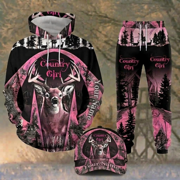 Maxcorners Hunting Black Pink Country Girl Deer Forest Pattern Personalized 3D Combo Hoodie, Sweatpants Set & Cap