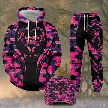 Maxcorners Hunting Purple Pink Camo Country Girl Deer Pattern Personalized 3D Combo Hoodie, Sweatpants Set & Cap