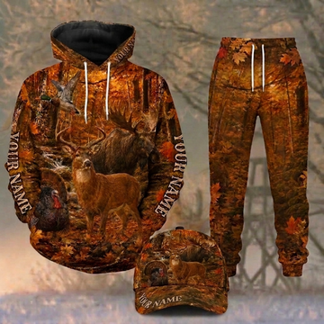 Maxcorners Hunting Autumn Forest Deer Turkey And Duck Personalized 3D Combo Hoodie, Sweatpants Set & Cap