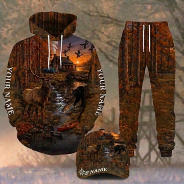 Maxcorners Hunting Autumn Sunset Deer Bear And Cabin Personalized 3D Combo Hoodie, Sweatpants Set & Cap