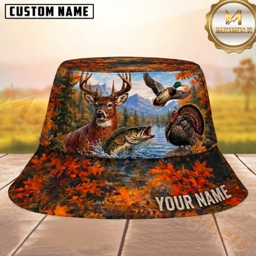 Maxcorners Hunting Blue Sky Autumn Wildlife Forest Pattern Personalized Name 3D Bucket Hat