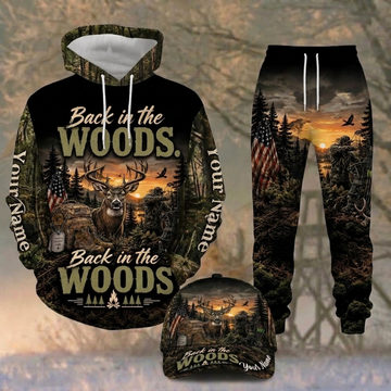 Maxcorners Hunting Back In The Woods Hunter Deer American Flag Sunset Forest Personalized 3D Combo Hoodie, Sweatpants Set & Cap