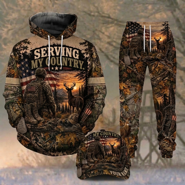 Maxcorners Hunting Serving My Country Soldier American Flag Autumn Camo Personalized 3D Combo Hoodie, Sweatpants Set & Cap