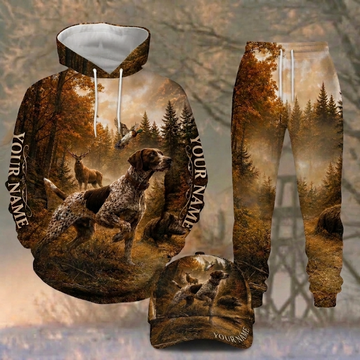 Maxcorners Hunting Pointer Dog Autumn Forest Scene Personalized 3D Combo Hoodie, Sweatpants Set & Cap