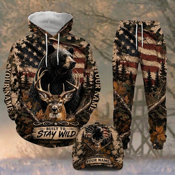 Maxcorners Hunting Built To Stay Wild Black Bear Deer American Flag Autumn Wood Personalized 3D Combo Hoodie, Sweatpants Set & Cap