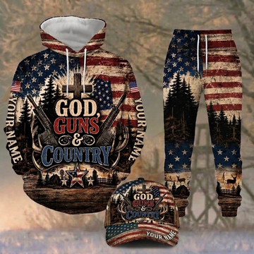 Maxcorners Hunting God Guns & Country Cross Rifles Flag On Wood Personalized 3D Combo Hoodie, Sweatpants Set & Cap
