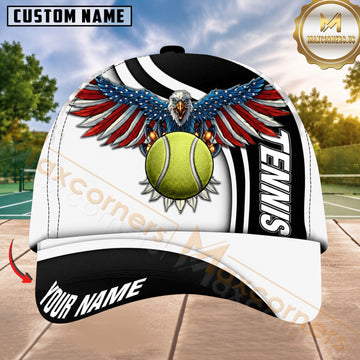 Maxcorners Tennis Patriotic Eagle & Tennis Ball American Flag Wings Black White 3D Design Personalized Name 3D Cap
