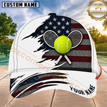 Maxcorners Tennis USA Flag Crossed Rackets & Tennis Ball White Honeycomb 3D Design Personalized Name 3D Cap
