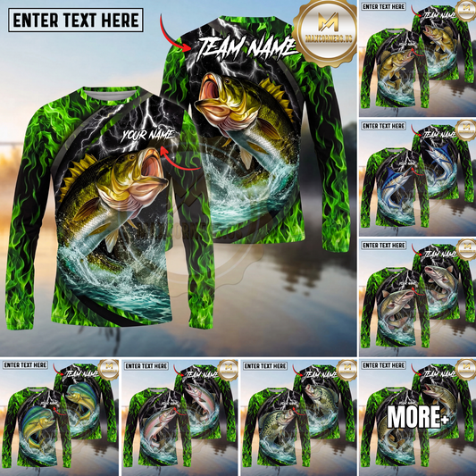 Maxcorners Fishing Neon Green Flame Thunder Multicolor Options Personalized Name, Team Name 3D Shirt (12 Fish Species)