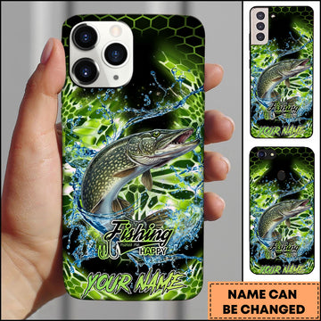 Maxcorners Pike Fishing Neon Green Honeycomb Water Splash Personalized Name Phone Case