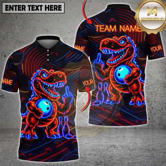 Maxcorners Bowling Dinosaur Shirt Neon Flame T-Rex Cartoon Graphic Multicolor Options Personalized Name, Team Name 3D Shirt (2 Colors)