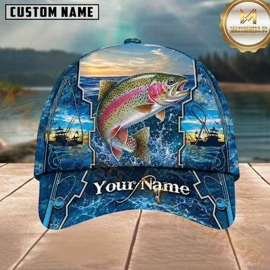 Maxcorners Fishing Ocean Sunset Scene Customized Name 3D Cap